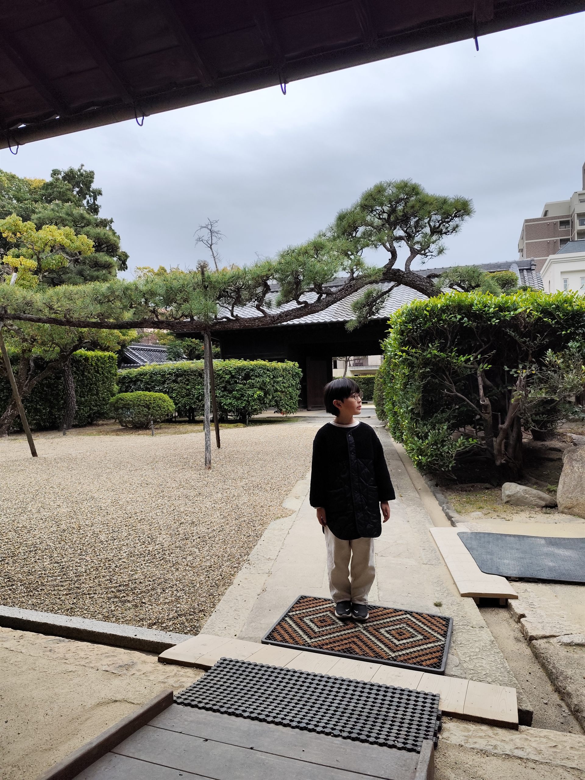 日本庭園に立つ少年